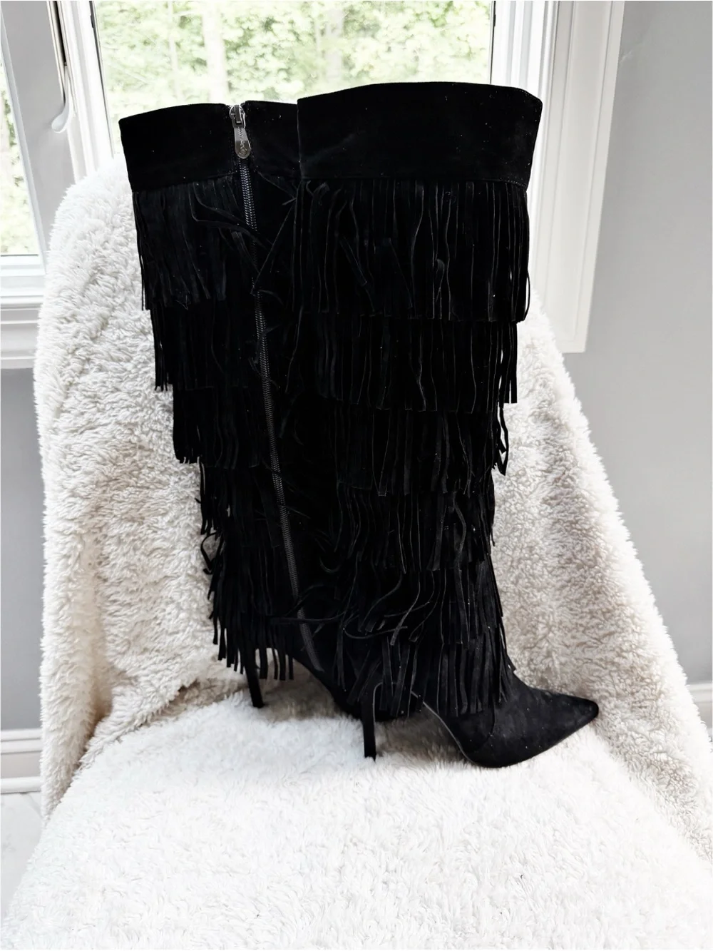 NWOT Black Fringe Stiletto Knee-High Boots